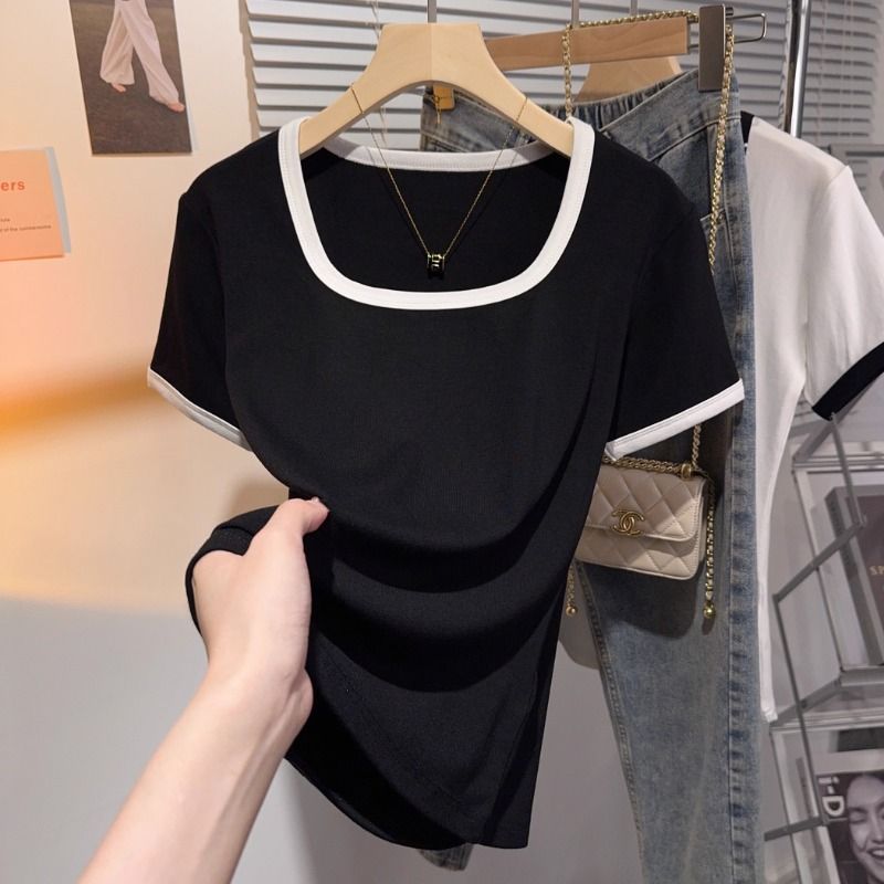 Black Square Neck Front Shoulder Short Sleeve T-Shirt Women's American Foreign Versatile Slim Skinny Threaded Knitted Ice Silk Top