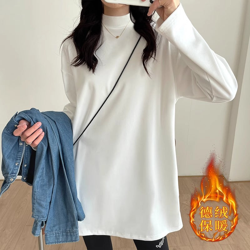 Semi-turtleneck medium and long loose German velvet bottoming shirt for women with foreign style design sense, hem curved thickened top tide