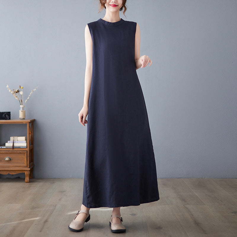 Real shot 2025 summer new literary loose solid color cotton and linen round neck sleeveless dress women's medium and long 7080 #