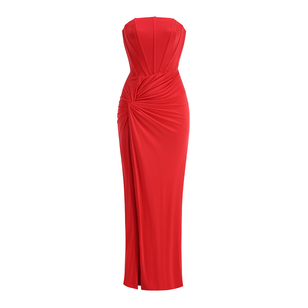 New cross-border European and American style holiday banquet dress high-end sexy slim tube top fish bone split evening dress dress