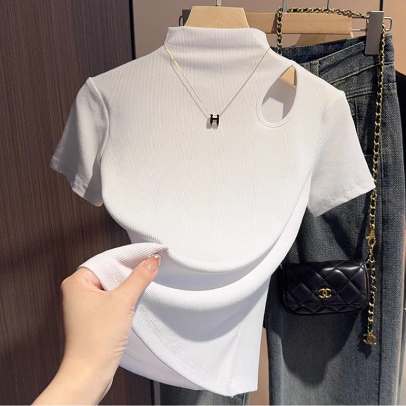 Black hollowed-out semi-turtleneck five-quarter-sleeved t-shirt bottoming shirt women's spring and autumn thin and versatile design mid-sleeved top
