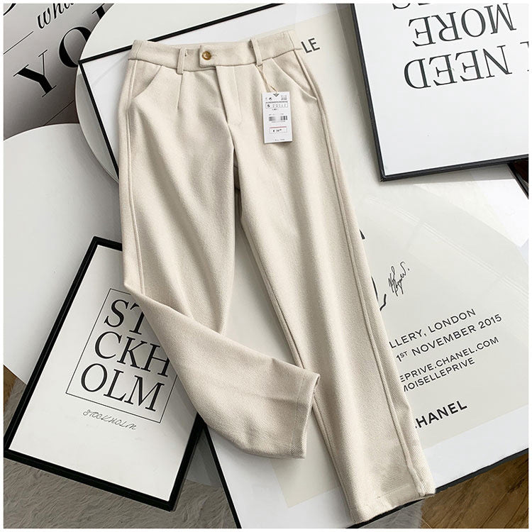 Wan year good version, autumn and winter BI hoarding! Simple and versatile solid wear twill texture woolen casual pants straight pants women