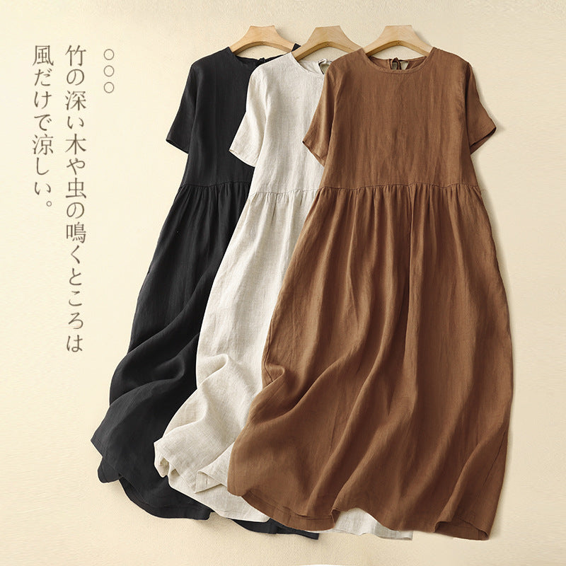 Real shot 2025 summer new literary loose solid color cotton and linen round neck short-sleeved dress women's medium and long #8802