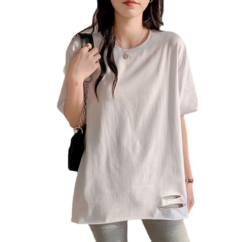 Pure cotton medium and long ripped loose short-sleeved t-shirt women's large size design sense half-sleeve belly cover t-shirt commuter style