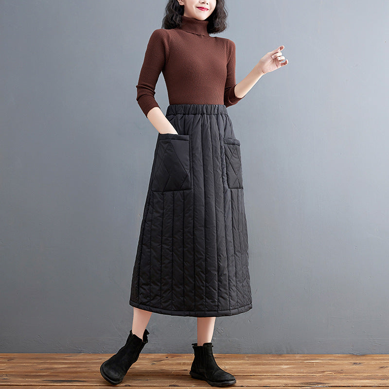 Real shot 2024 winter new casual solid color thickened cotton skirt skirt women's medium and long windshield skirt #3499