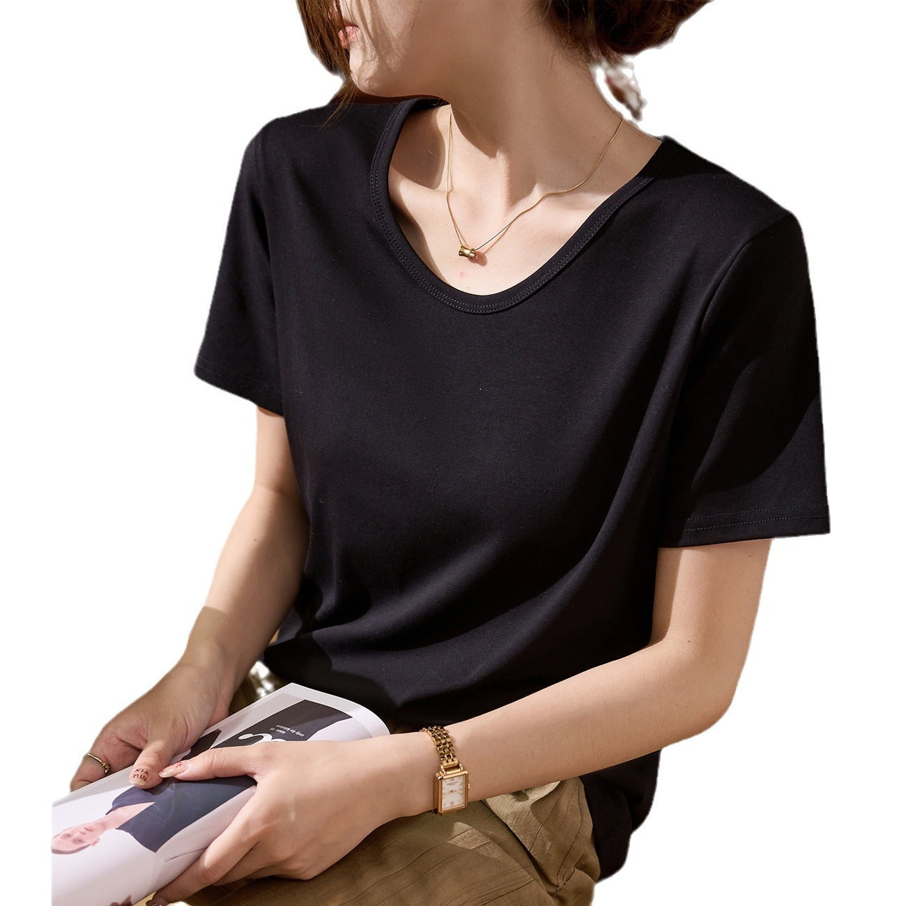 [Quality and good materials] Large round neck pure cotton T-shirt women's summer wear 2026 new short-sleeved loose and versatile bottoming top