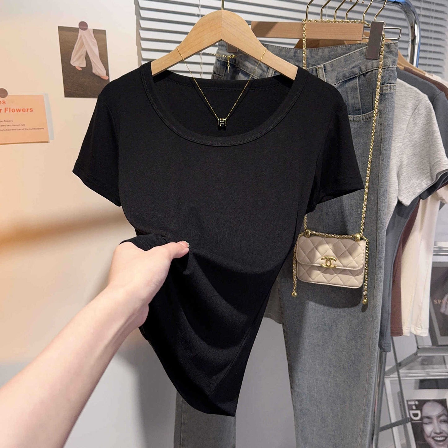 Gray blue u-neck short-sleeved t-shirt women's summer front shoulder Korean versatile tight round neck fashion bottoming shirt slim top