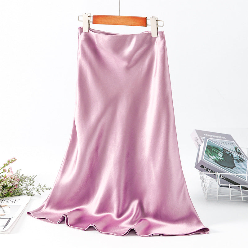 Fried Street Elastic Waist Acetic Acid Skirt High-end Silky 2025 Spring and Summer New Over-the-Knee Swing Skirt