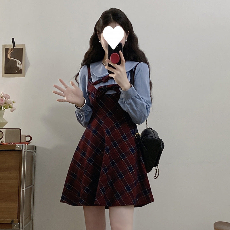 Autumn and winter retro college style niche design sense fake two-piece plaid dress women's waist thin gentle temperament skirt