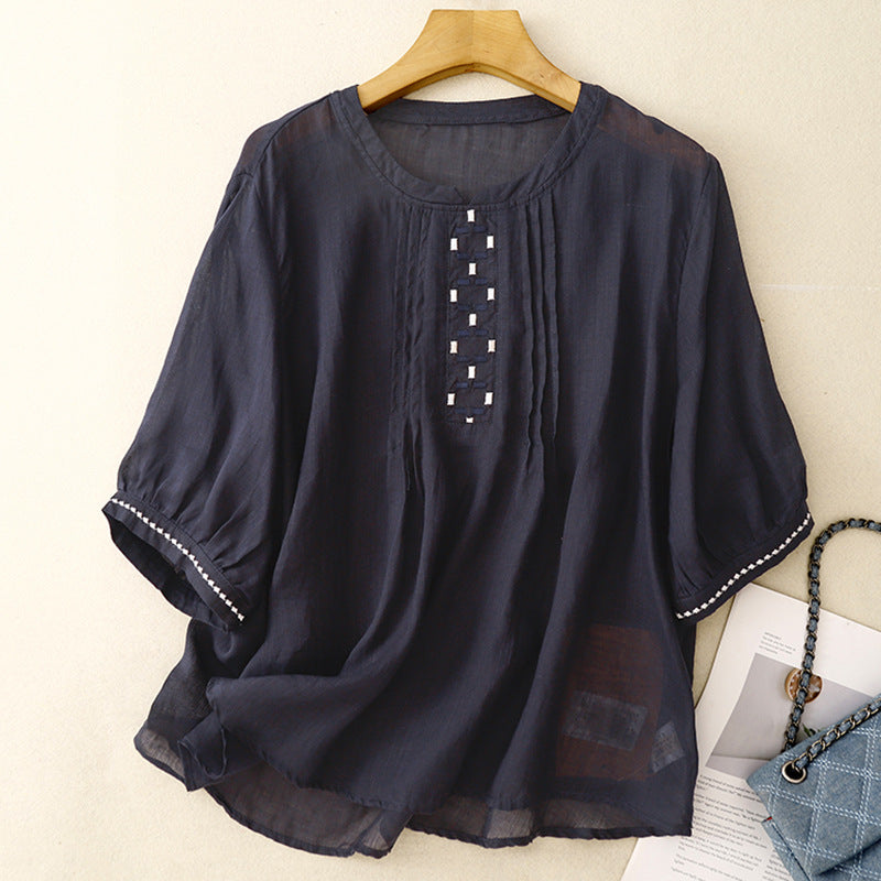 Real shot 2025 new literary and retro age-reducing round neck pleated thin cotton and linen embroidered shirt top women