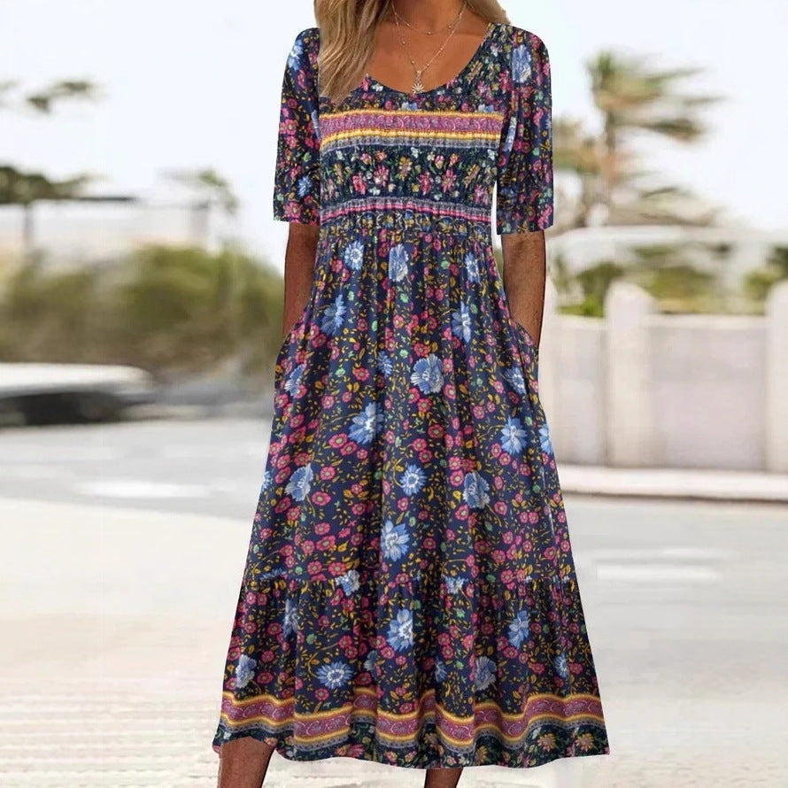 2025 Europe, America, Amazon summer new women's round neck short-sleeved long dress bohemian print dress women