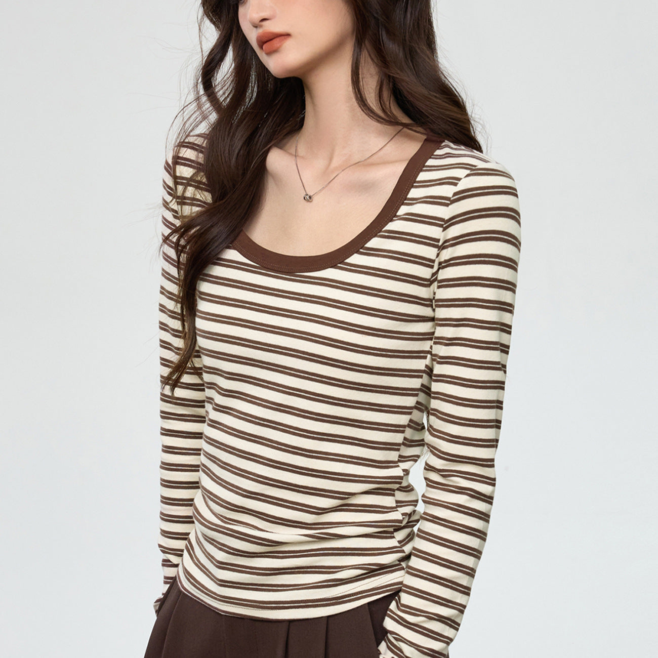 #Selection of pure cotton #Contrasting striped bottoming shirt for women with 2026 new foreign style big round neck long-sleeved T-shirt top