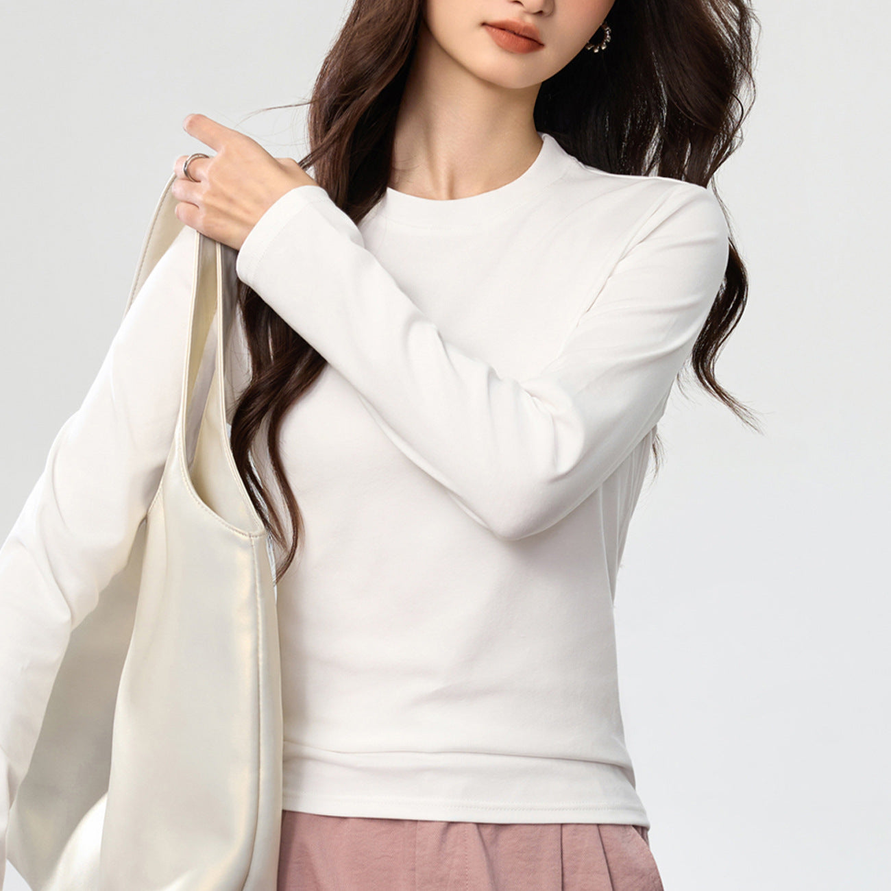 40 combed pure cotton, loose straight T-shirt women's semi-high round neck long-sleeved bottoming shirt solid color versatile pink top