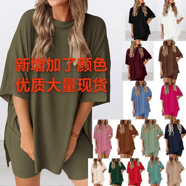 2025 summer new cross-border Europe, America, Amazon foreign trade fashion casual solid color loose women's pajama set