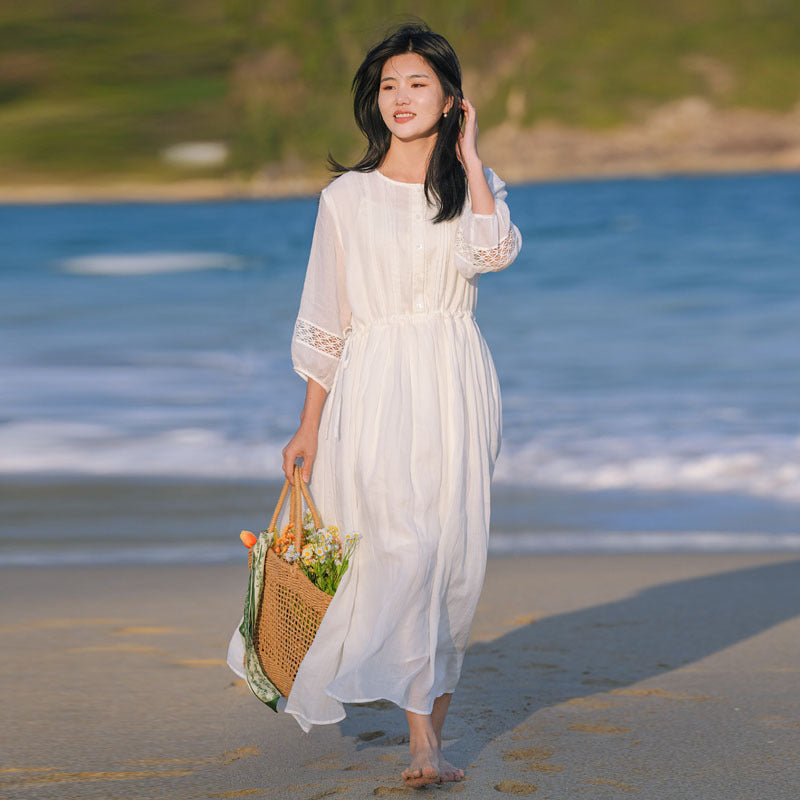 2025 summer new literary loose large size elegant pendulum solid color seven-quarter sleeve dress women's beach dress #701