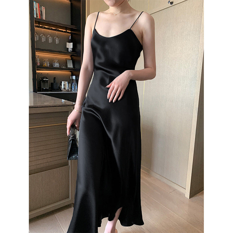 Haute couture [black] acetic acid suspender dress V-neck 25 spring and summer explosion satin thin Internet celebrity Douyin dress