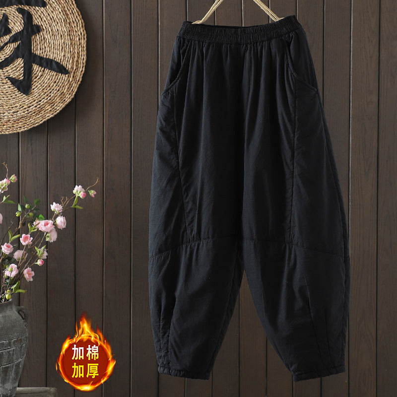 Real shot 2025 autumn and winter retro thickened cotton pants elastic waist warm padded casual pants Harlan trousers women's clothing