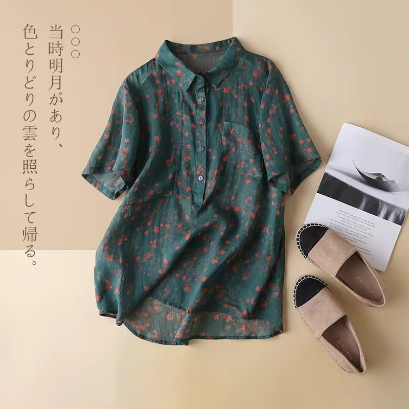 Summer 2025 new literary and thin lapel cotton and linen small floral short-sleeved shirt blouse top #6029