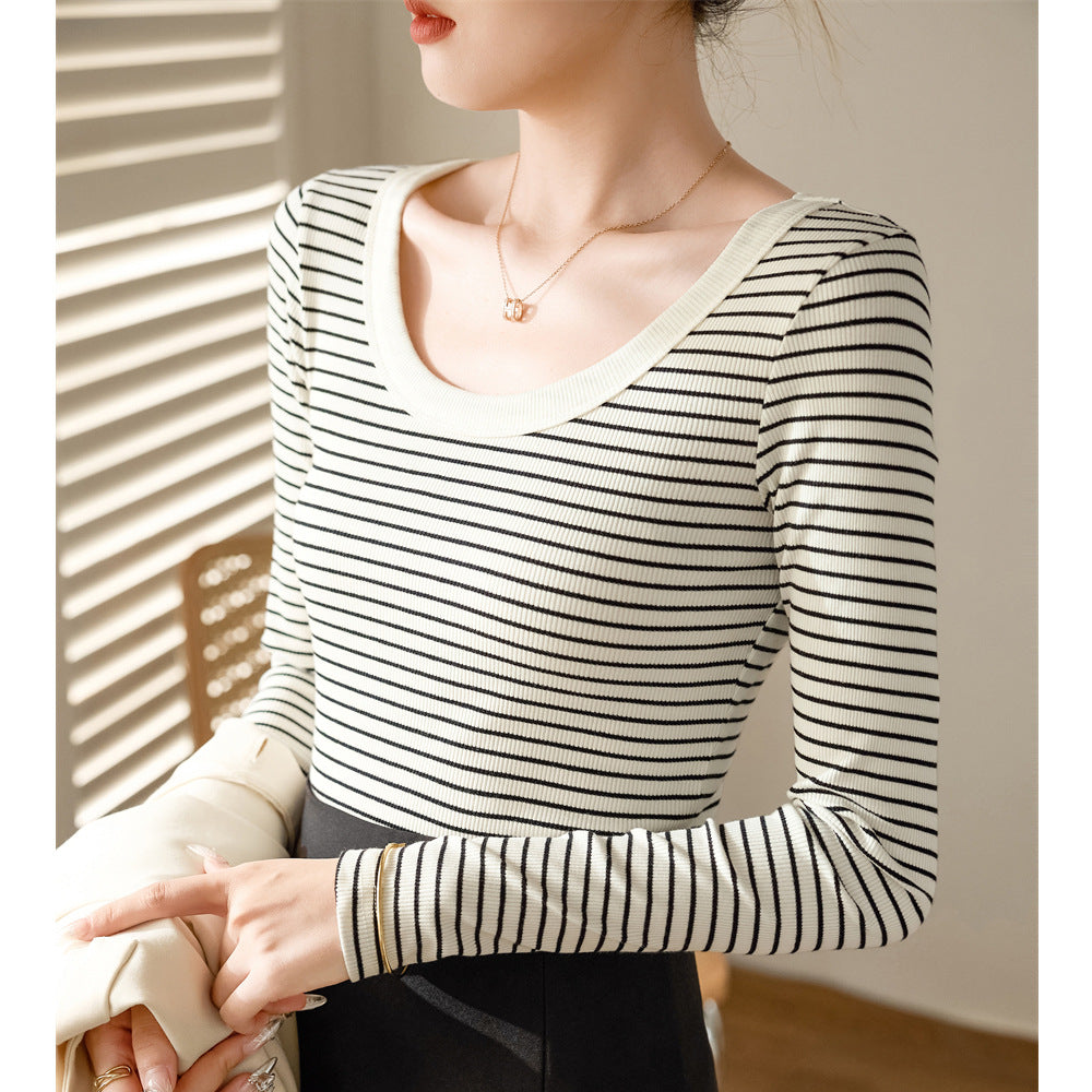 Selection of pure cotton striped T-shirt women's long-sleeved 2026 autumn and winter new round neck front shoulder top slim-fitting and thin bottoming shirt