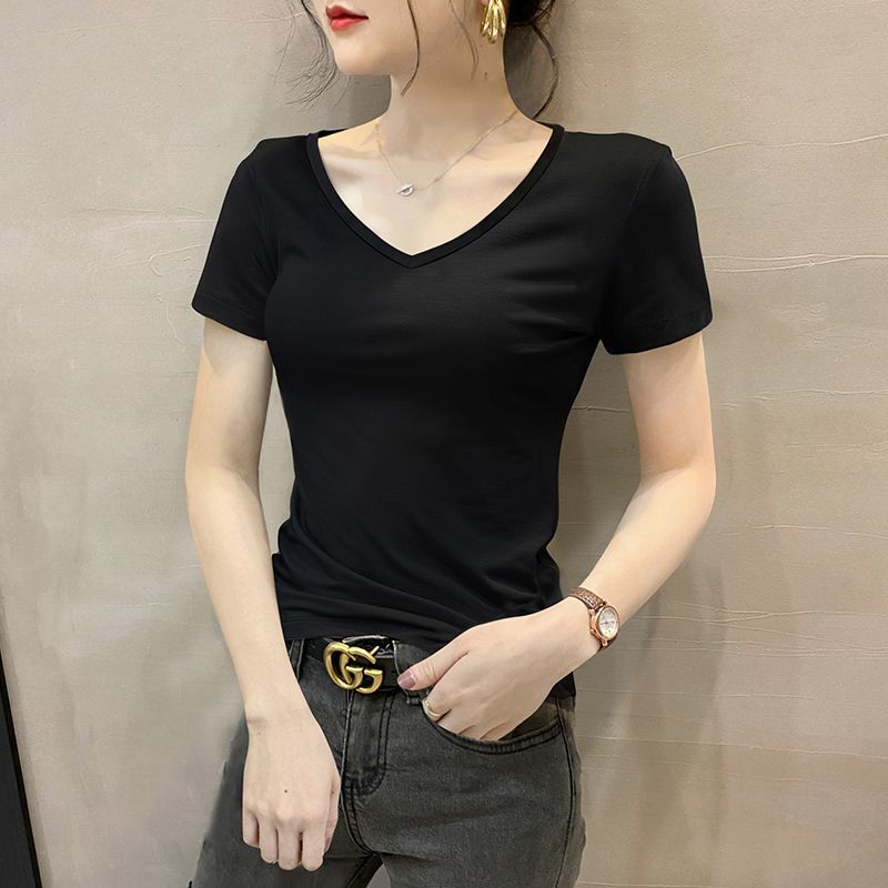 Black Modal V-neck short-sleeved t-shirt women's summer slim top thin cold silk versatile half-sleeved t-shirt