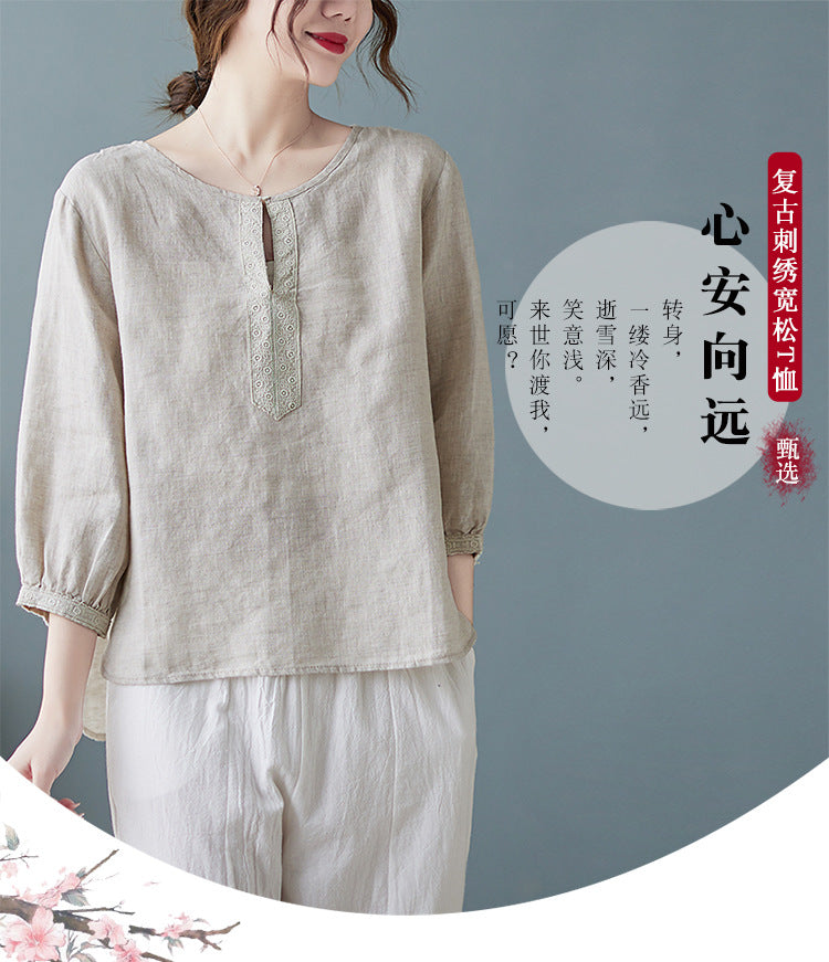 Real shot 2024 summer new cotton and linen literary and retro loose short-sleeved shirt top T-shirt women