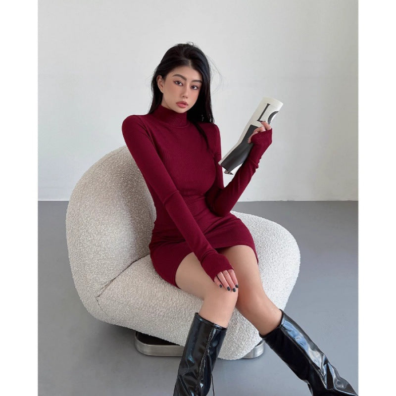 Autumn and winter new pure desire style sexy high neck tight slim long sleeve base slim dress hip-hugging short skirt for women