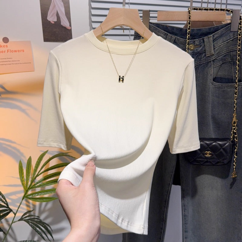 Black five-quarter-sleeved t-shirt femininity 2025 new knitted inner bottoming shirt front shoulder high-end mid-sleeved top