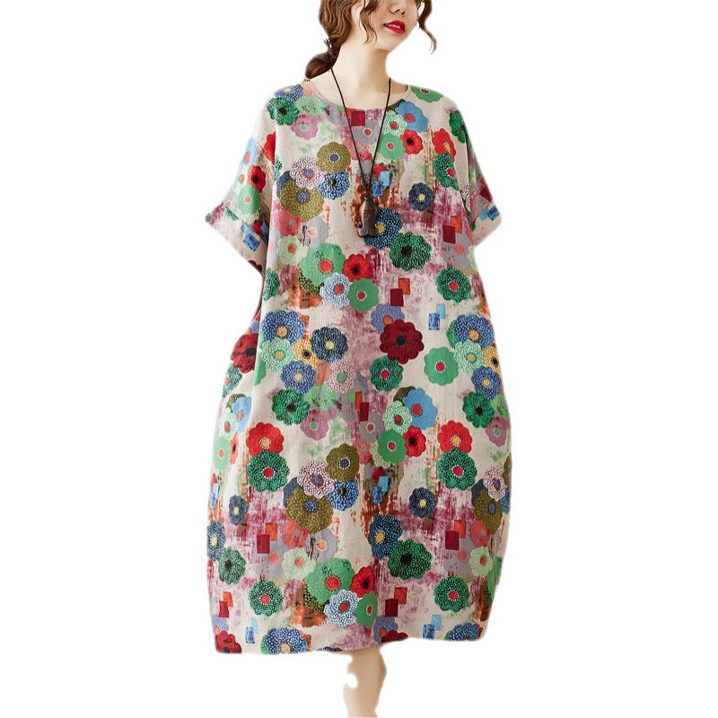 Real shot 2025 summer new cotton and linen fat sister loose and thin short-sleeved dress women