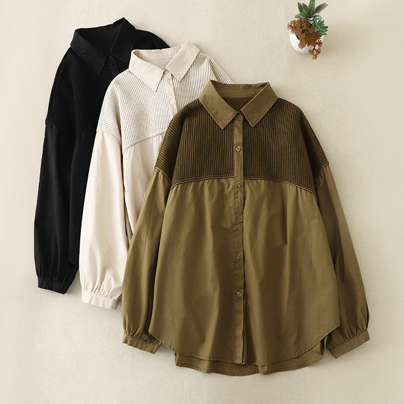 Real shot 2025 autumn new loose solid color lapel corduroy splicing long-sleeved shirt jacket shirt women's top