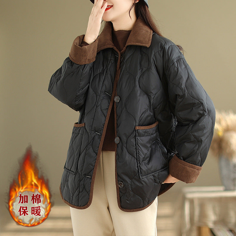 Real shot 2025 autumn and winter new light and short contrasting color lapel rhombus padded jacket women's cotton-padded clothes #1026