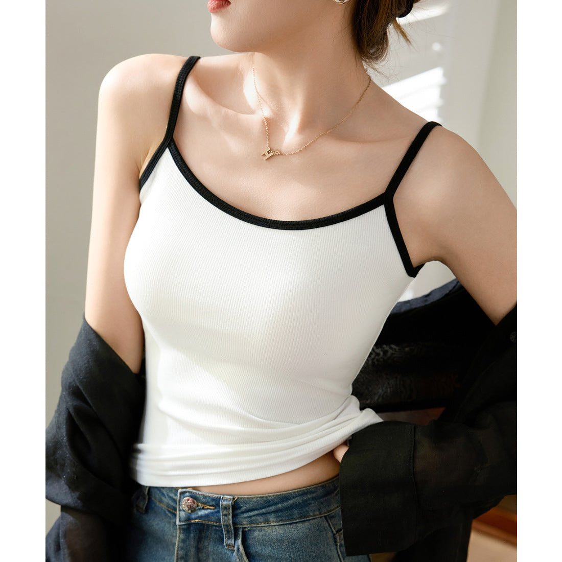 [Use good materials] High elastic threaded cotton contrasting color sling vest women's summer 2026 new color matching pure desire sexy inner