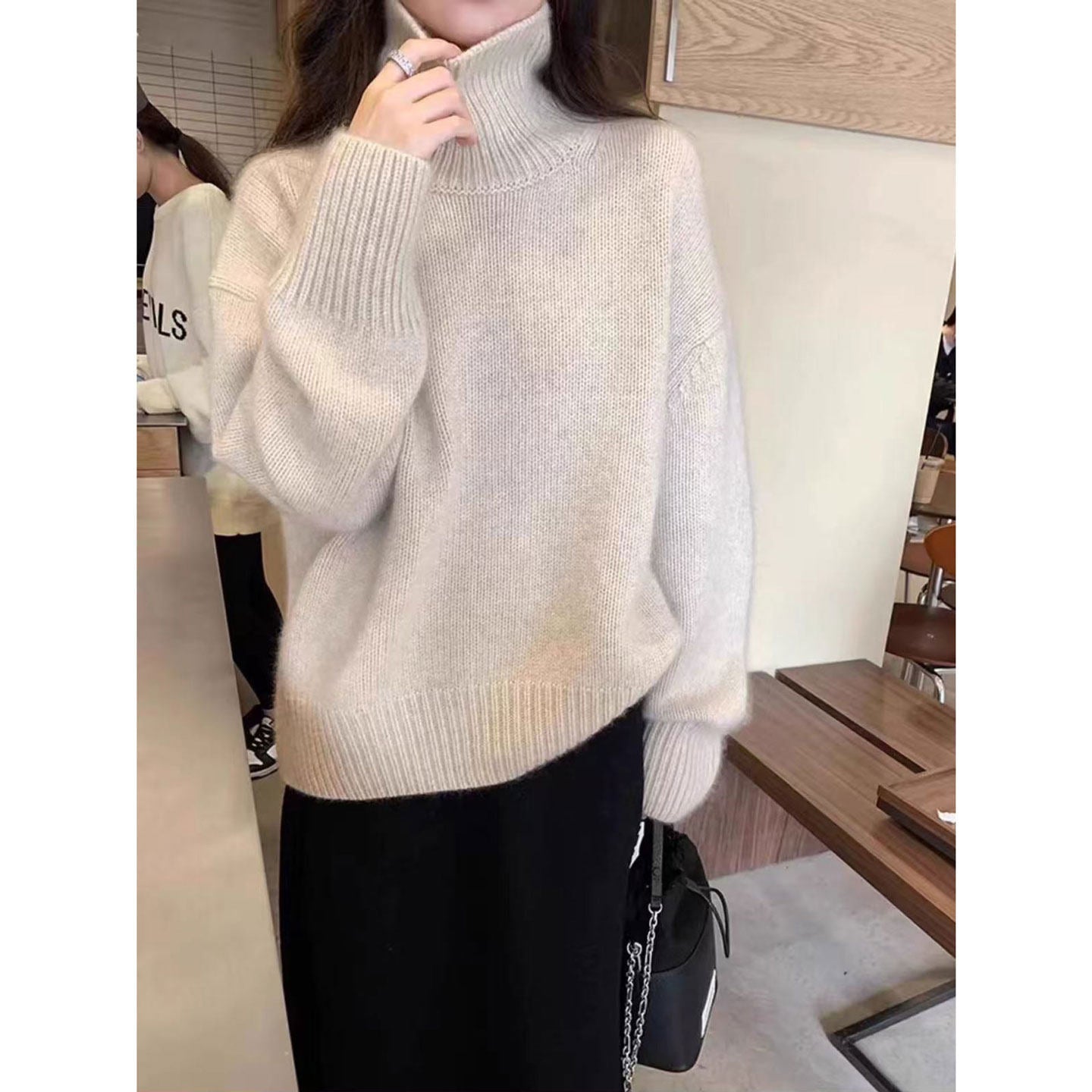 High neck 100 pure cashmere shirt women's European high-end thickened 2025 fall/winter knitted loose lazy base sweater