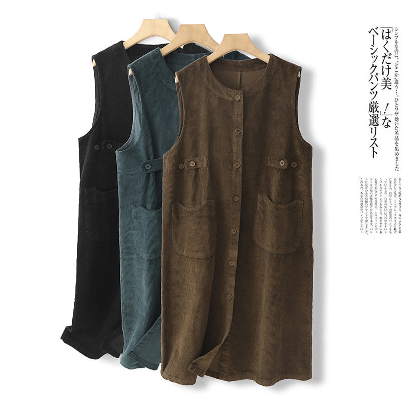 Retro solid color corduroy sleeveless dress women's autumn 2025 new medium and long cardigan vest skirt