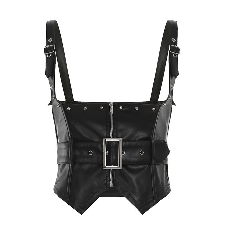 American street style leather irregular waist waist seal personalized women's clothing dark hottie punk rivet vest vest