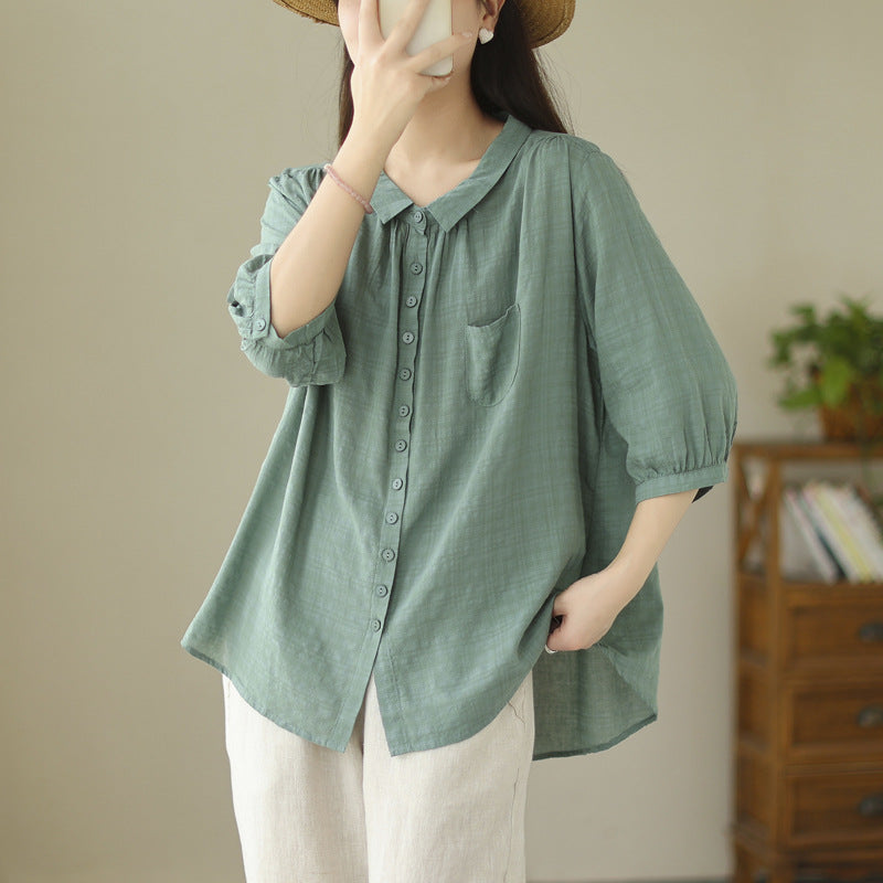 Real shot 2025 summer new large size solid color four-eye buckle retro literary loose and thin shirt top women