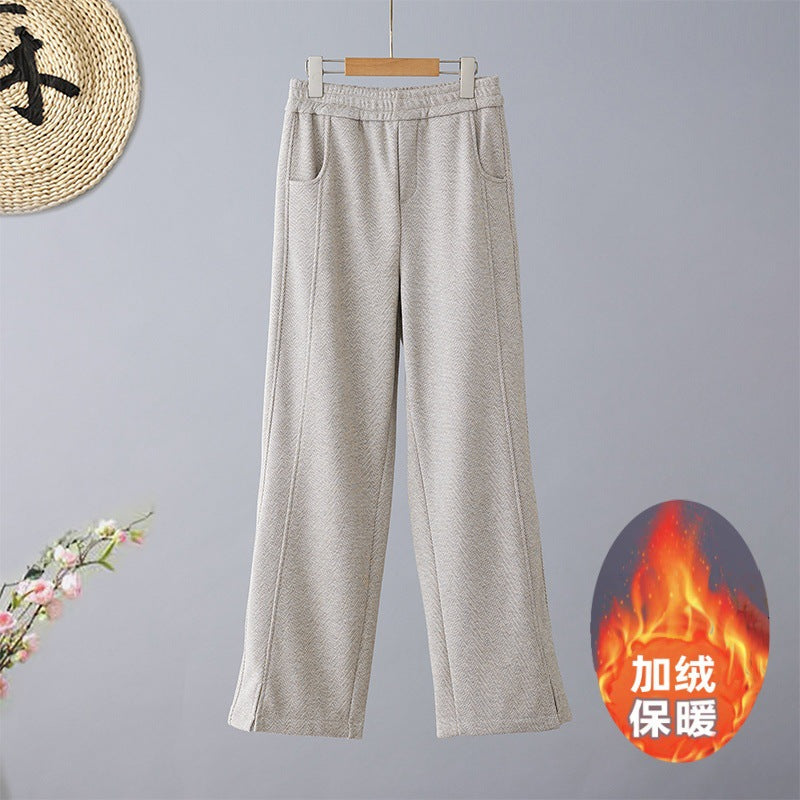 Real shot herringbone pattern velvet wide-leg pants women's 2025 winter woolen split pants straight tube micro-elastic banana pants