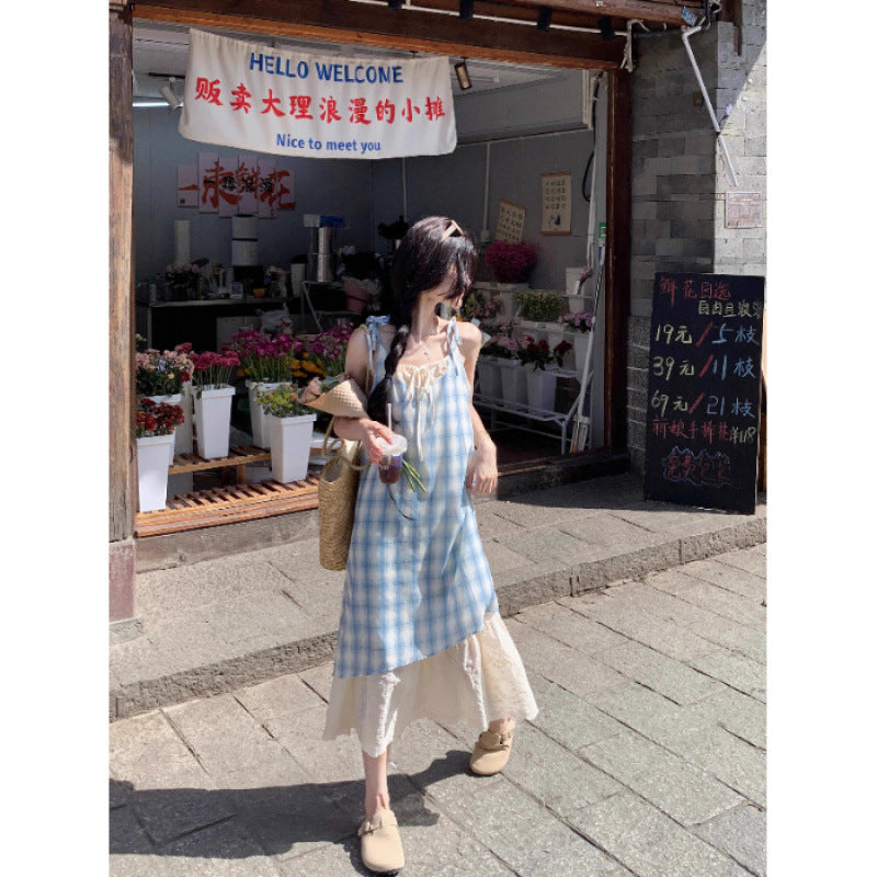 Red fake two-piece plaid lace suspender dress women's summer seaside vacation long skirt