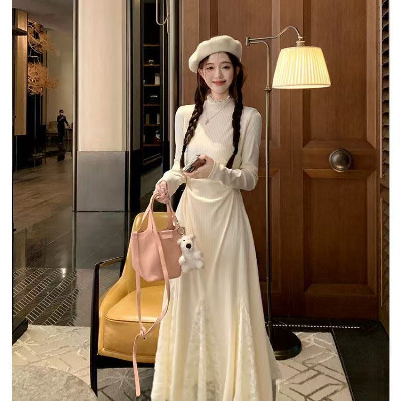 Small knitted dress autumn and winter long-sleeved lace splicing fishtail skirt waist half-high neck inner skirt