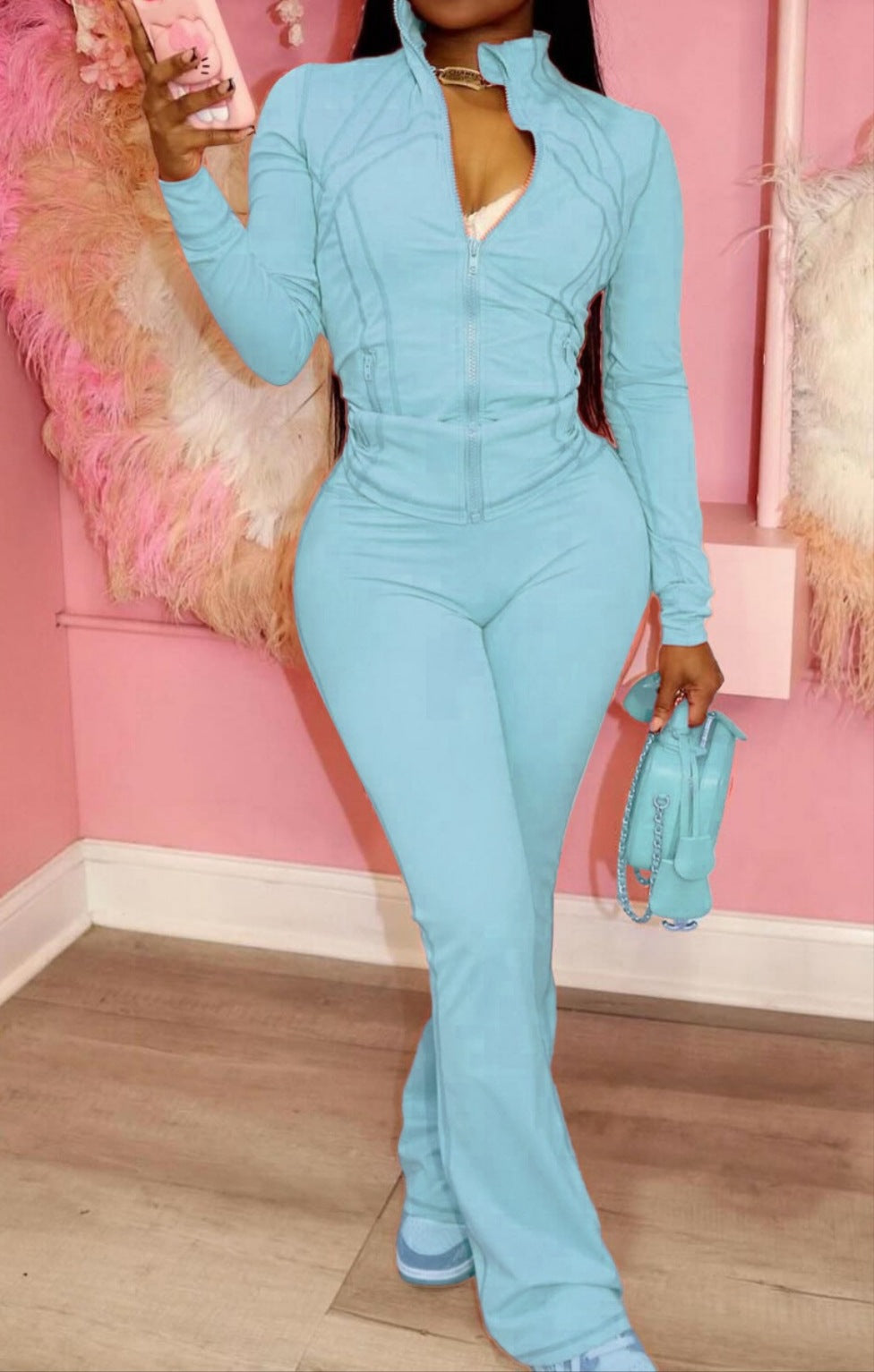 2025 Amazon, Europe, America, spring and summer cross-border sports and leisure women's clothing, sexy tight-fitting long-sleeved micro-speaker two-piece set