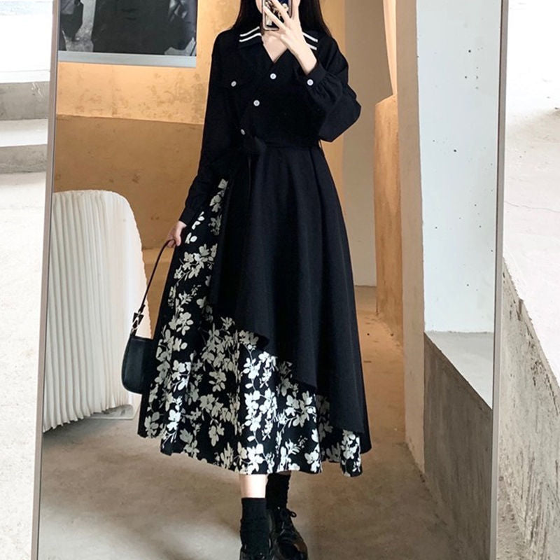 French retro design knee-length skirt autumn and winter large size waist splicing floral pendulum irregular dress