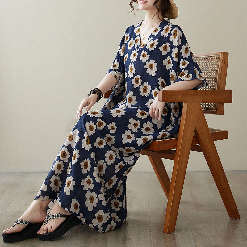 Real shot 2024 summer new V-neck cotton and linen large size loose literary holiday style medium and long beach dress women