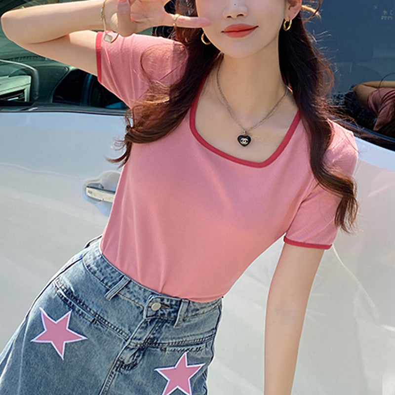 Selection of high elastic threaded cotton square neck short-sleeved t-shirt for women's 2026 summer new front shoulder versatile bottom top