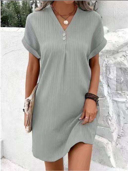 Cross-border European and American women's clothing 2025 new Amazon V-neck solid color pullover comfortable and casual button dress