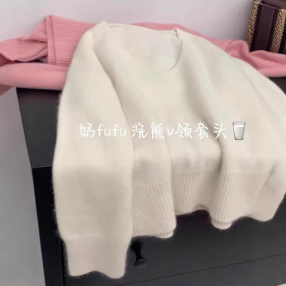 Blue v-neck soft waxy imitation raccoon fleece sweater women's autumn and winter loose lazy wind pullover knitted sweater high-end top