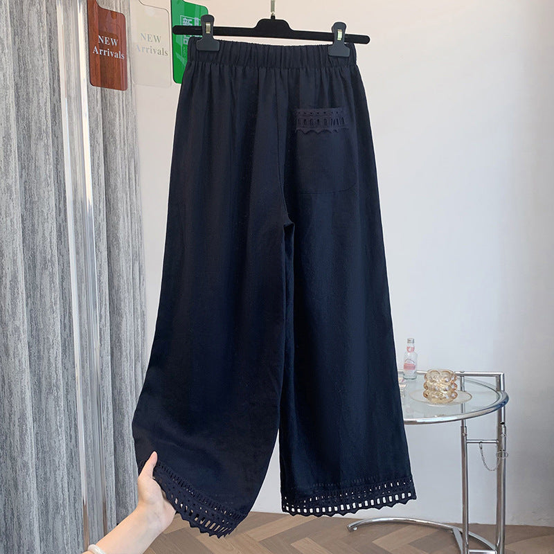 Real shot 2025 autumn new cotton and linen elastic waist casual pants women's silk lace loose straight wide-leg pants nine-point pants