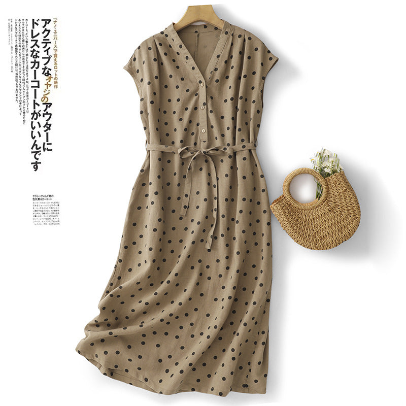 Japan and South Korea 2025 summer new literary loose casual polka dot cotton and linen dress women