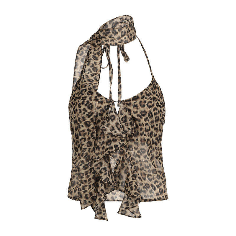 Spice girl sexy leopard print scarf ruffle edge sling vest vacation style low cut backless versatile top