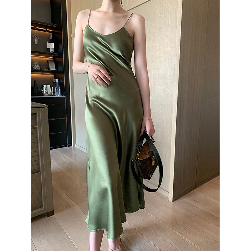 2025 spring and summer explosion acetic acid dress satin thin versatile Internet celebrity suspender skirt Douyin suit long dress