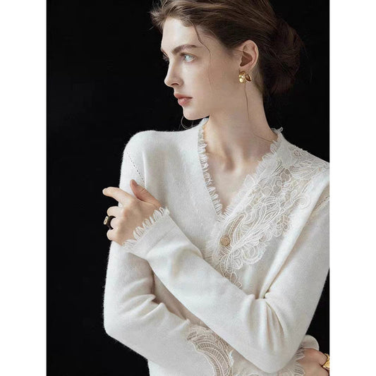 "Mist Misty" Quiet Luxury/Willful Realm _ Water Soluble Lace + Fine Cashmere Bottom Knitted Cardigan Sweater Women