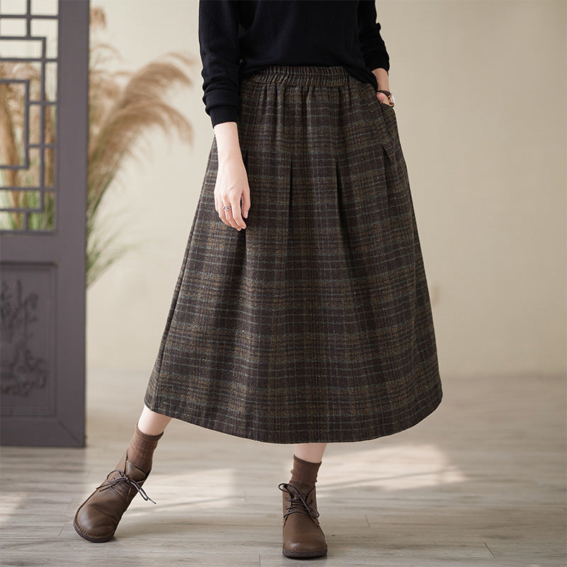 Real shot 2024 autumn new literary loose plaid elastic waist skirt women's medium and long A-shaped skirt #3731